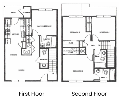 Floor plan for 4 beds, 3.5 baths, 1295 sqft